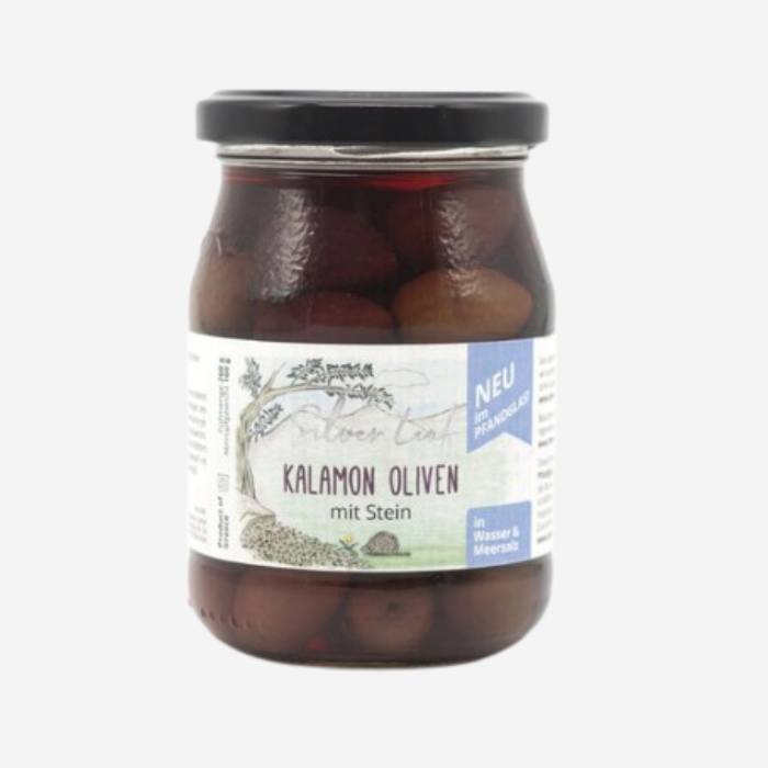 Organic Kalamon olives in a returnable glass jar, drained weight 160g, in brine, with stone