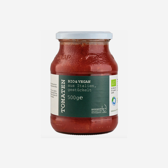 Organic tomatoes chopped in a returnable glass jar