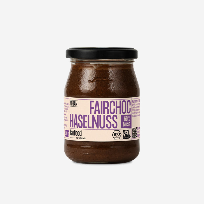 Fairchoc Organic Hazelnut Nougat Cream vegan 250g in a returnable glass jar
