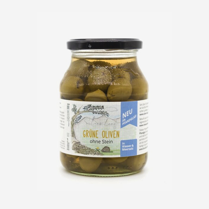 Bio Oliven grün in Salzlake, entsteint im Pfandglas