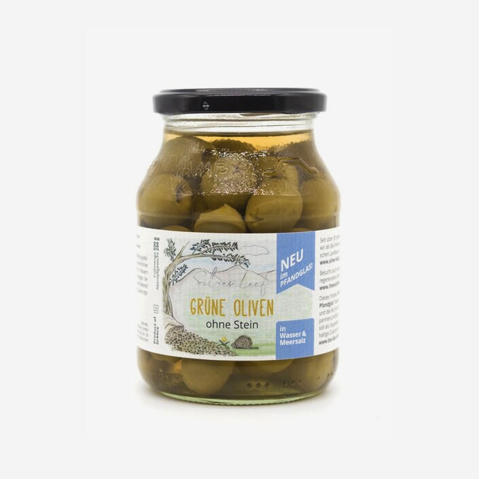 Organic green olives in brine, pitted in returnable glass jars