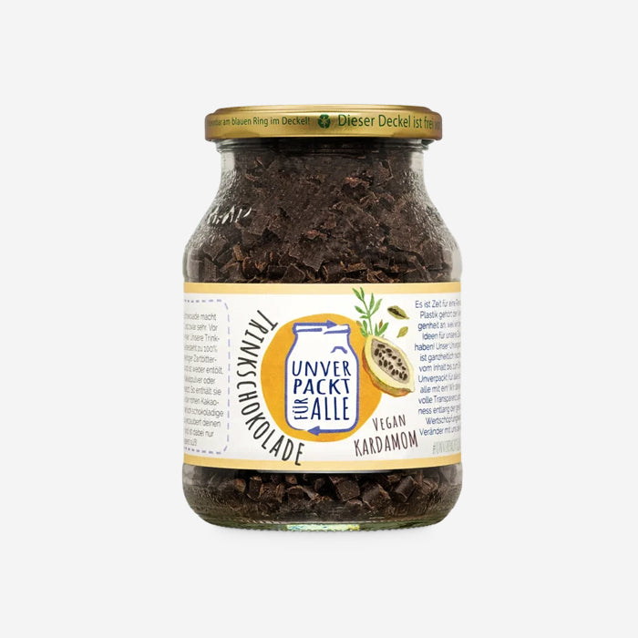 Organic Drinking Chocolate Cardamom vegan 340g in a returnable glass jar