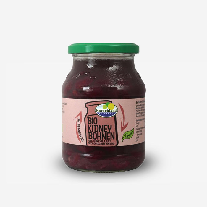Organic kidney beans in a 540ml returnable glass jar, drained weight: 320g