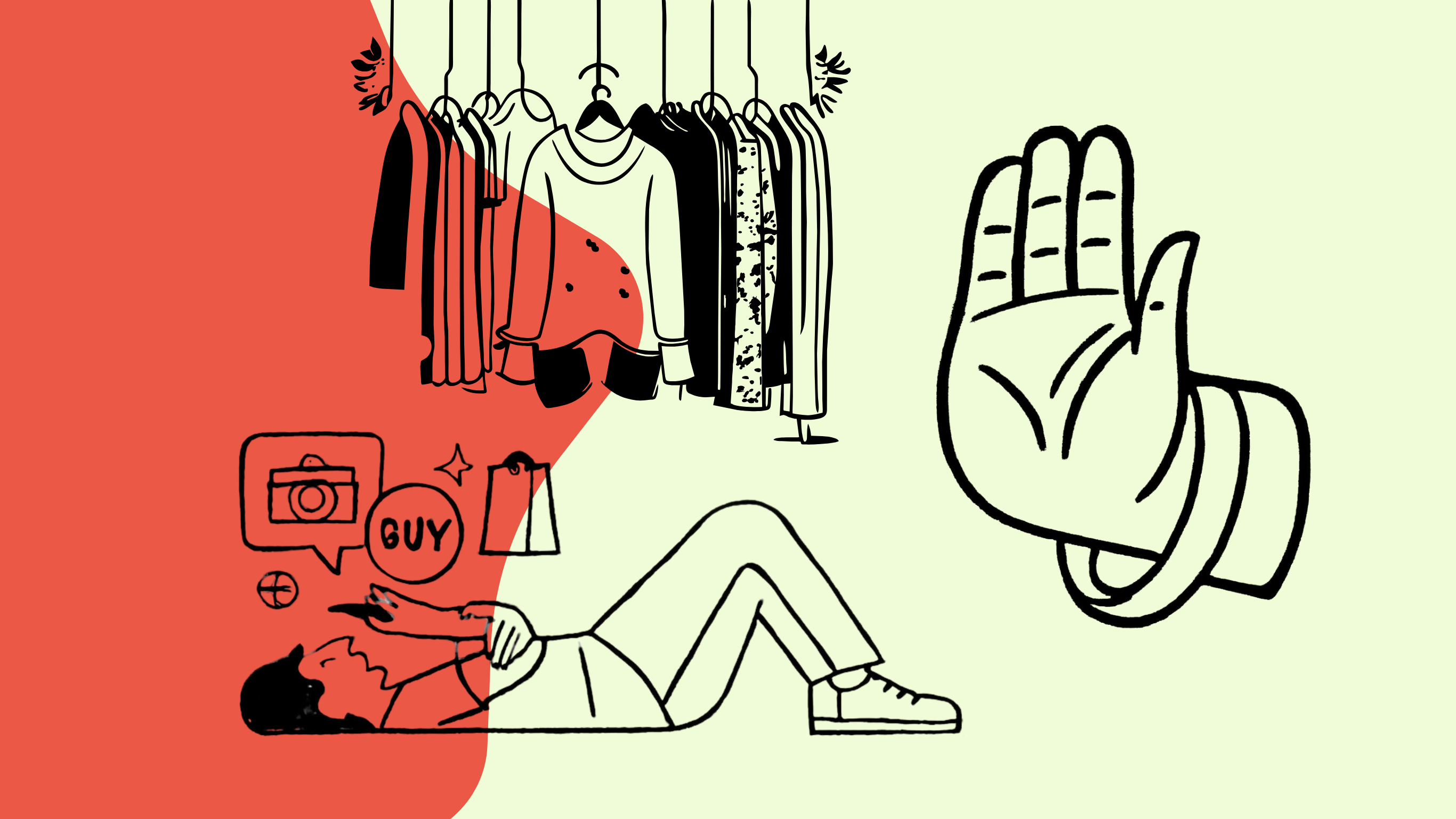 Grafik: Mann liegt entspannt und kauft online verschiedene Produkte, rechts im Bild eine Hand, die Stopp signalisiert – Symbol für Dinge, auf die wir im nächsten Jahr verzichten wollen.