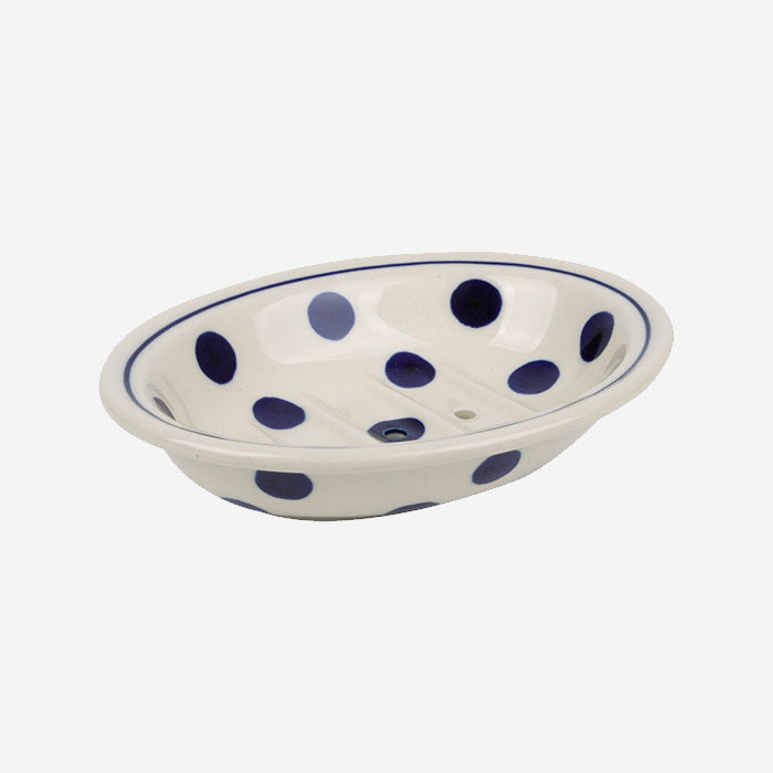 Keramik-Seifenschale weiß mit blauen Punkten